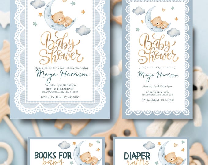 Teddy Bear Moon Baby Shower Invitation, Blue Bear Baby Shower Invite Boy, Boho Celestial Stars, Editable Canva Printable Baby Shower Bundle