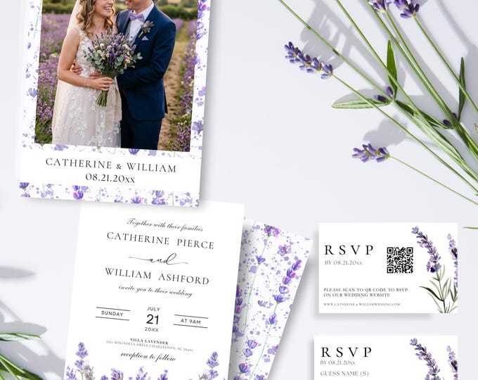 Lavender Wedding Invitation Suite Canva Template
