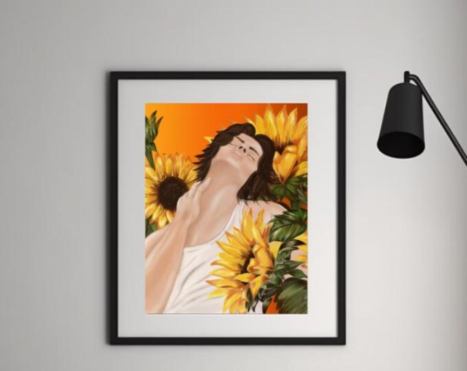 Hand Drawn Sunflower Male Portrait, Botanical Man Art Print, Modern Floral Wall Decor