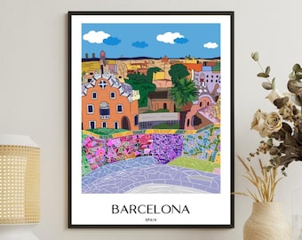 Park Guell Barcelona Art Print, Spain Hand-Drawn Travel Poster