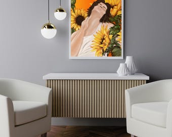 Hand Drawn Sunflower Male Portrait, Botanical Man Art Print, Modern Floral Wall Decor