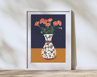 Hand Drawn Floral Vase Art, Carnation Tile Inspired Print, Mediterranean Decor, Digital Download