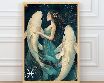 Pisces Zodiac Wall Art Print, Astrology Poster with Fish, Horoscope Star Sign Artwork