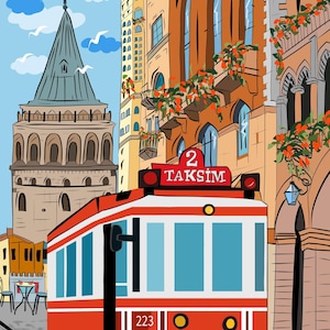 Istanbul Wall Art, Hand Drawn Red Tram and Galata Tower Print, Turkey Travel Poster, Printable City Art 画像 2