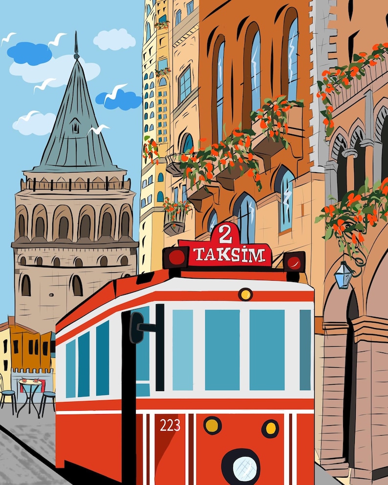 Istanbul Wall Art, Hand Drawn Red Tram and Galata Tower Print, Turkey Travel Poster, Printable City Art 画像 2