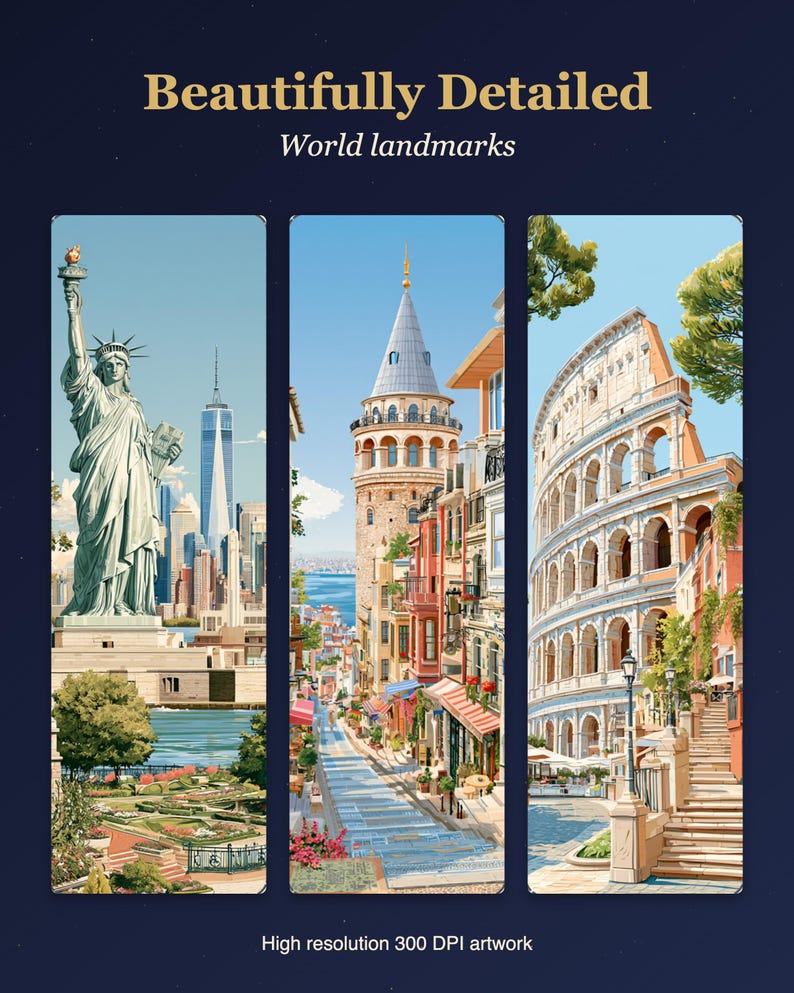 12er-Set Lesezeichen zum Ausdrucken, Lesezeichen mit Reisezielen, Aquarell-Stadtmotive, Geschenk für Bücherliebhaber Bild 2