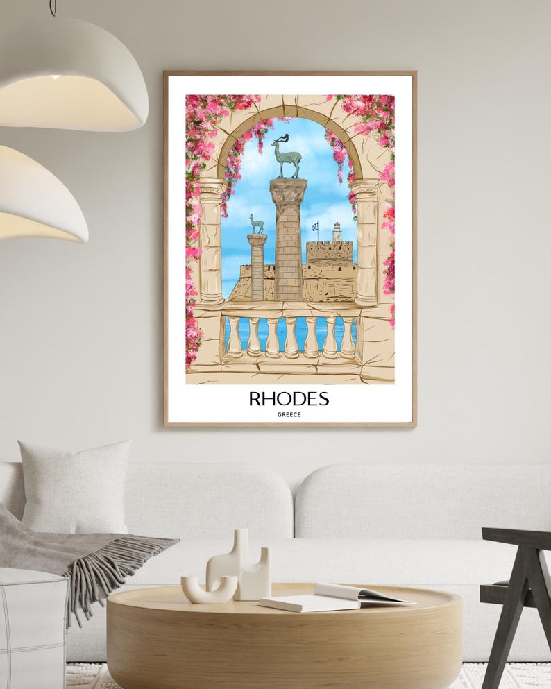 Plakat ścienny Rodos, ręcznie rysowany wydruk greckiej wyspy, plakat podróżniczy do Grecji, wystrój wybrzeża Morza Śródziemnego zdjęcie 10