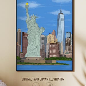 New York Wall Art, Hand Drawn NYC Skyline and Statue of Liberty Print, New York City Travel Poster imagen 2