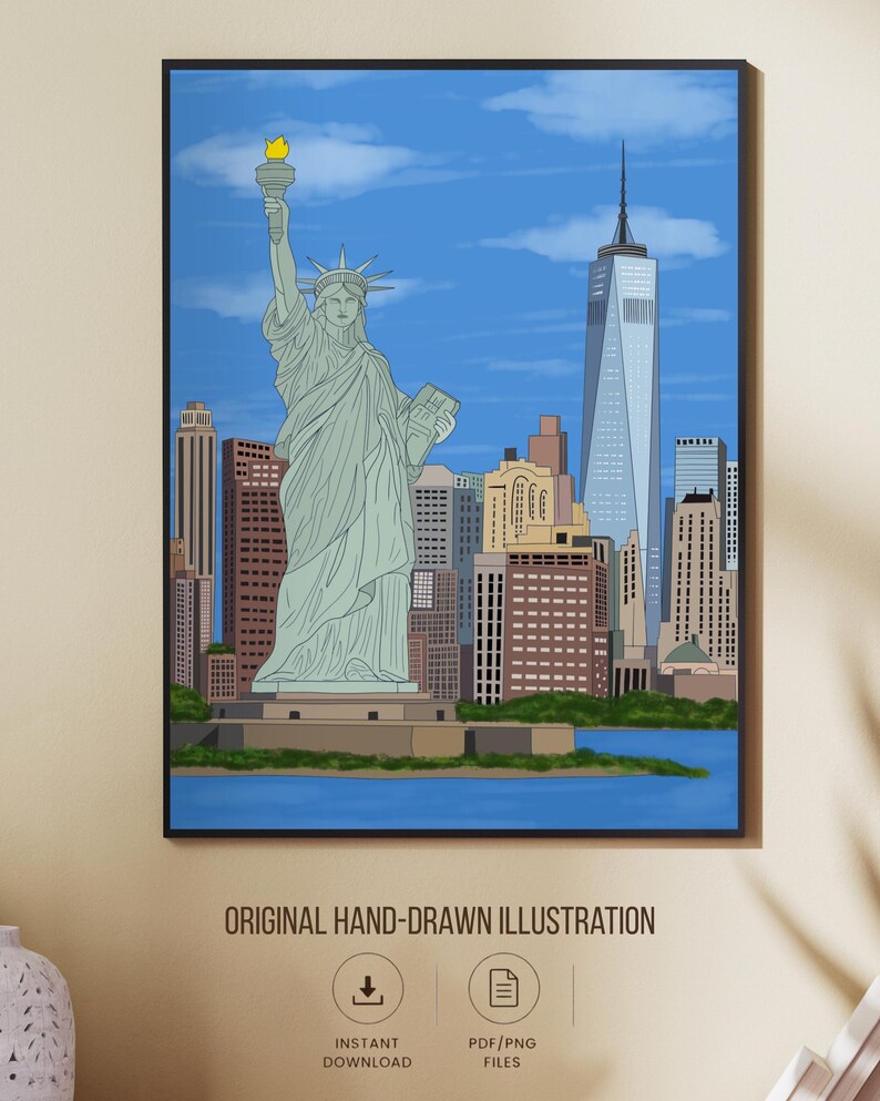 New York Wall Art, Hand Drawn NYC Skyline and Statue of Liberty Print, New York City Travel Poster imagen 2