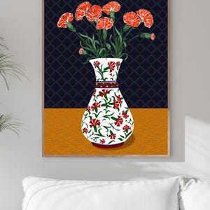 Carnation Wall Art, Hand Drawn Ottoman Vase Print, Turkish Floral Folk Art, Botanical Illustration image 12