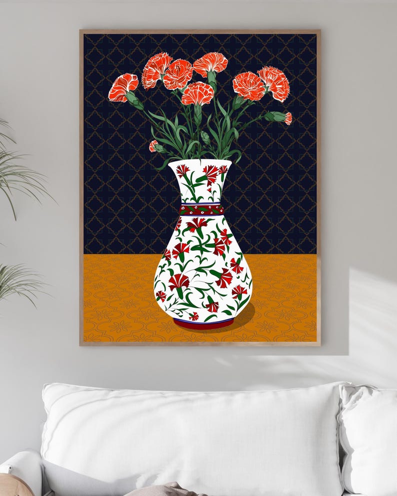 Carnation Wall Art, Hand Drawn Ottoman Vase Print, Turkish Floral Folk Art, Botanical Illustration image 12