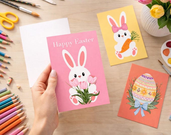 Printable Easter Cards Set | Pastel Bunny Illustration | Happy Spring Greeting | Cute Egg Design | Instant Digital Download
