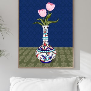 Pink Tulip Wall Art, Hand Drawn Ottoman Vase Print, Turkish Floral Illustration, Maximalist Flower Art image 12