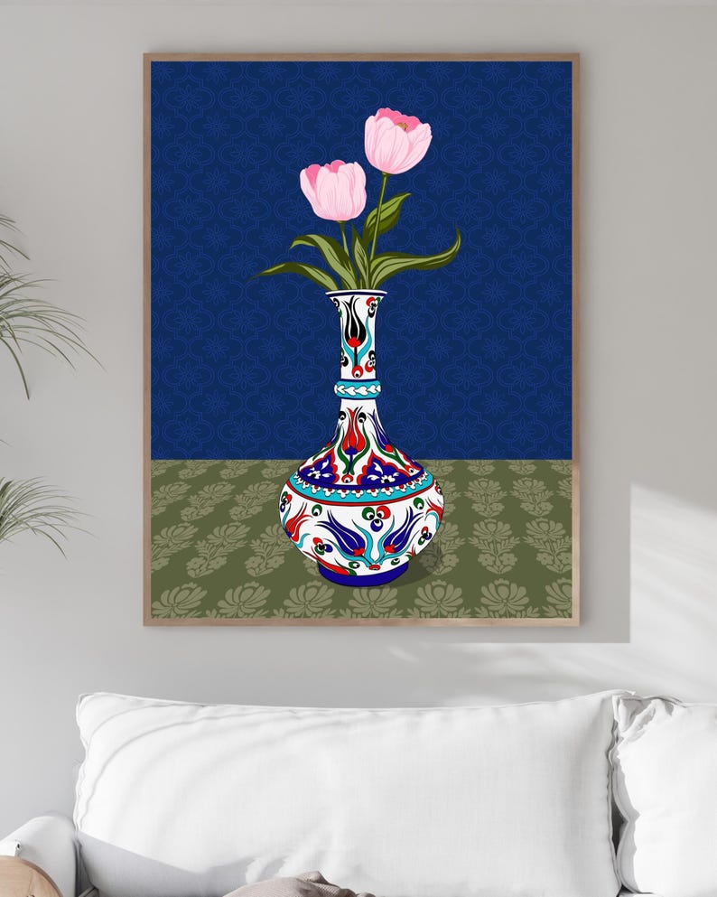Pink Tulip Wall Art, Hand Drawn Ottoman Vase Print, Turkish Floral Illustration, Maximalist Flower Art image 12