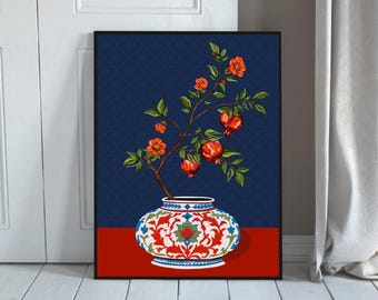 Hand-Drawn Pomegranate & Flower Branch in Ottoman Porcelain Vase | Digital Print
