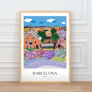 Barcelona Wall Art, Hand Drawn Park Guell Print, Gaudi Architecture, Spain Travel Poster bild 1