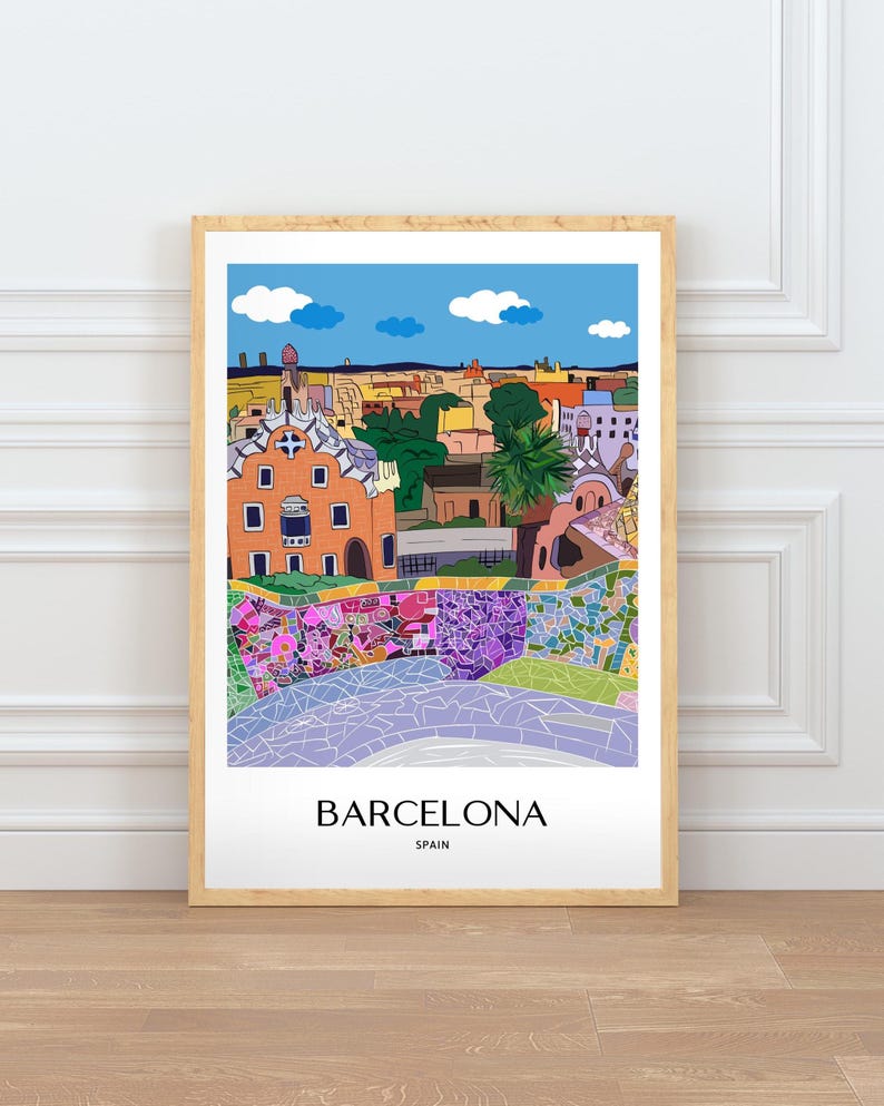 Barcelona Wall Art, Hand Drawn Park Guell Print, Gaudi Architecture, Spain Travel Poster bild 1