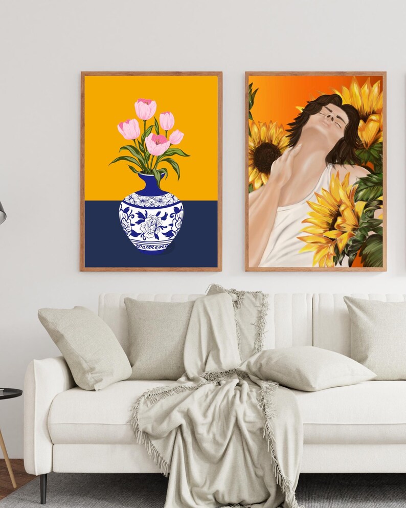 Handgetekende tulpen in een Turkse vaas, Ottomaanse bloemenkunstprint voor aan de muur. afbeelding 8