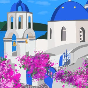 Décoration murale Santorin, imprimé de dômes bleus dessinés à la main, affiche de voyage Grèce, décoration côtière des îles grecques image 3