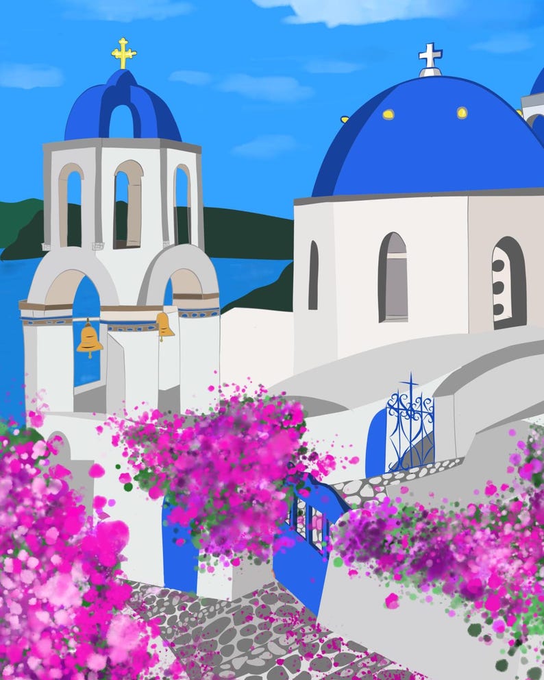 Décoration murale Santorin, imprimé de dômes bleus dessinés à la main, affiche de voyage Grèce, décoration côtière des îles grecques image 3