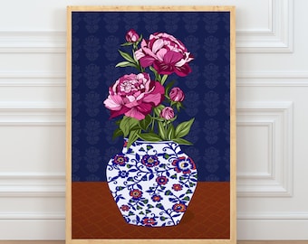 Pfingstrosen-Wandbild, handgezeichneter blau-weißer Iznik-Vasen-Druck, florales Dekor im Chinoiserie-Stil, maximalistisches Dekor