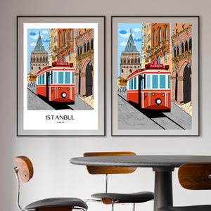 Istanbul Wall Art, Hand Drawn Red Tram and Galata Tower Print, Turkey Travel Poster, Printable City Art 画像 3