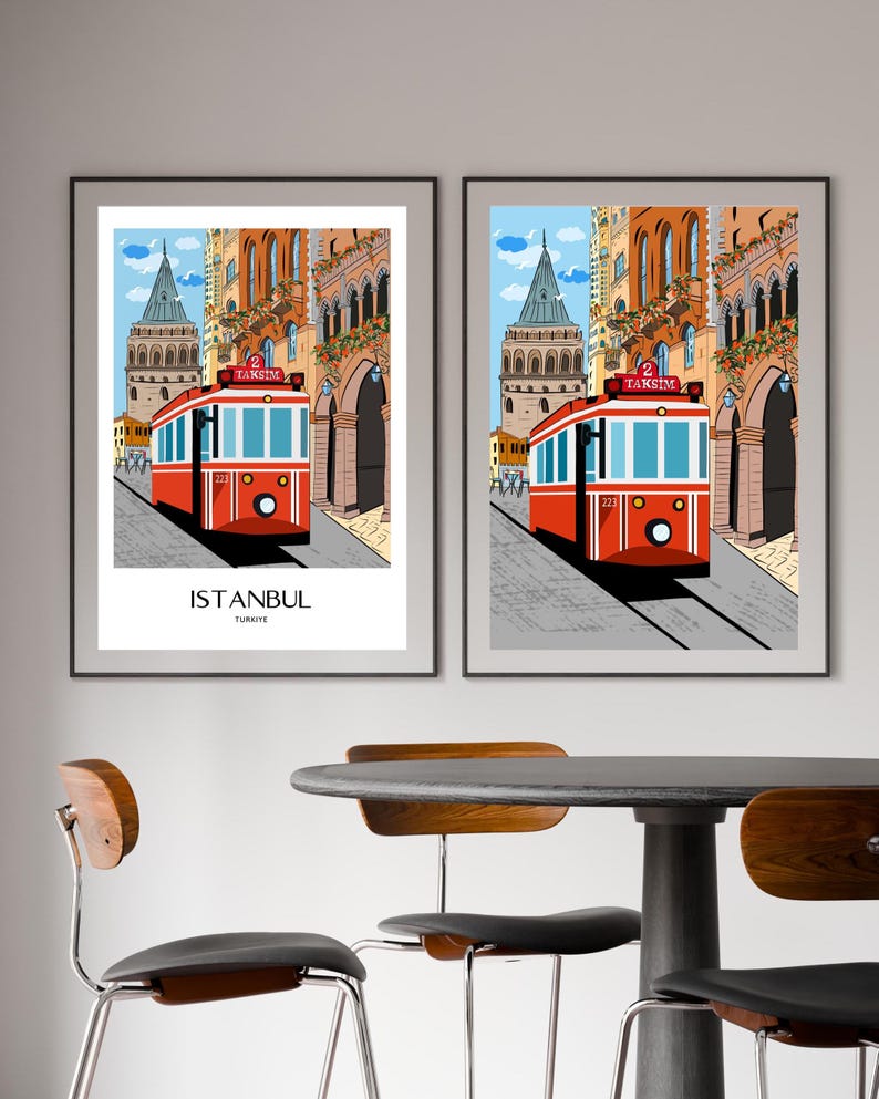 Istanbul Wall Art, Hand Drawn Red Tram and Galata Tower Print, Turkey Travel Poster, Printable City Art 画像 3