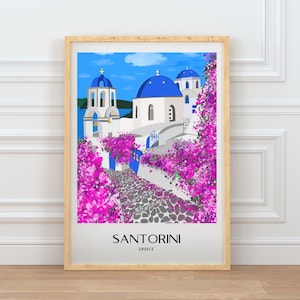 Décoration murale Santorin, imprimé de dômes bleus dessinés à la main, affiche de voyage Grèce, décoration côtière des îles grecques image 1
