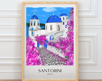 Décoration murale Santorin, imprimé de dômes bleus dessinés à la main, affiche de voyage Grèce, décoration côtière des îles grecques