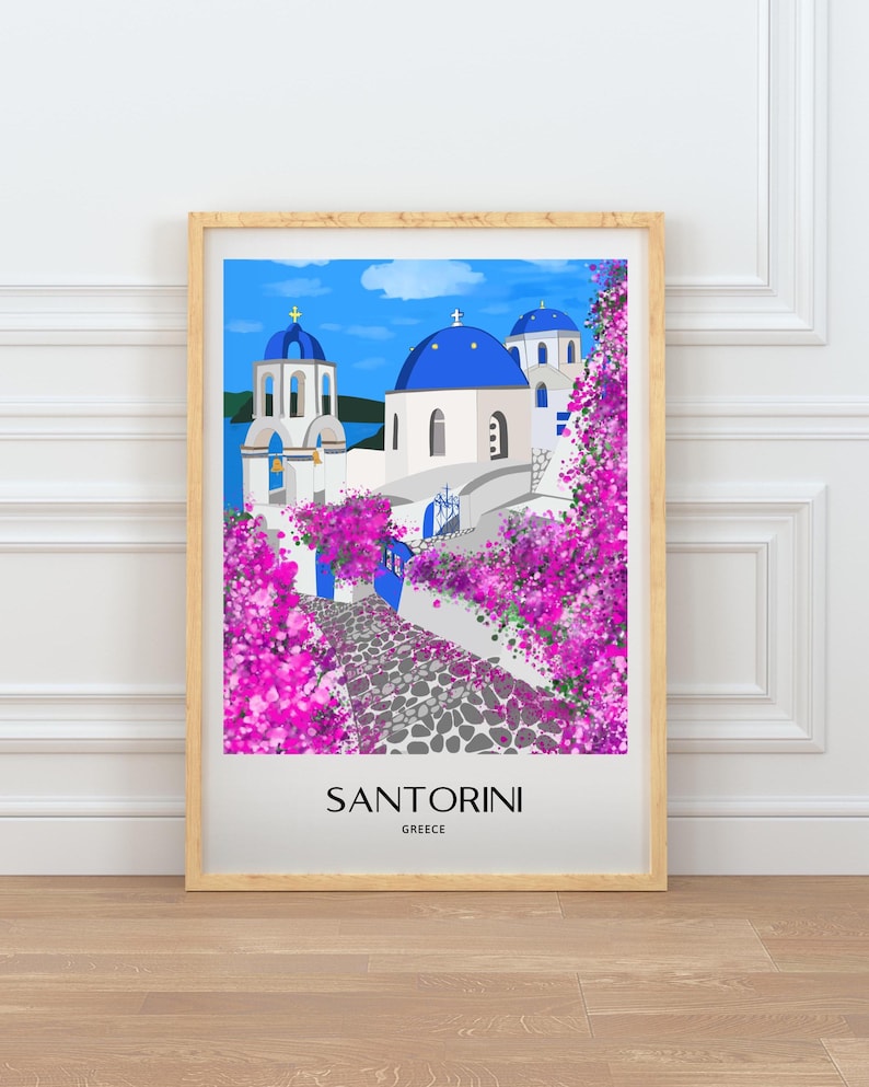 Décoration murale Santorin, imprimé de dômes bleus dessinés à la main, affiche de voyage Grèce, décoration côtière des îles grecques image 1
