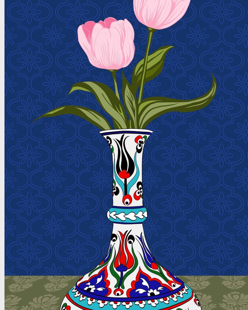 Tulip Vase Wall Art Set of 2, Hand Drawn Turkish Floral Prints, Ottoman Folk Art, Gallery Wall Set image 4