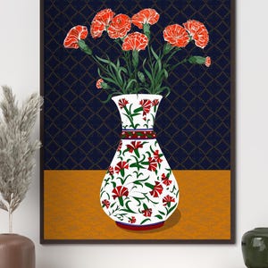Carnation Wall Art, Hand Drawn Ottoman Vase Print, Turkish Floral Folk Art, Botanical Illustration image 11