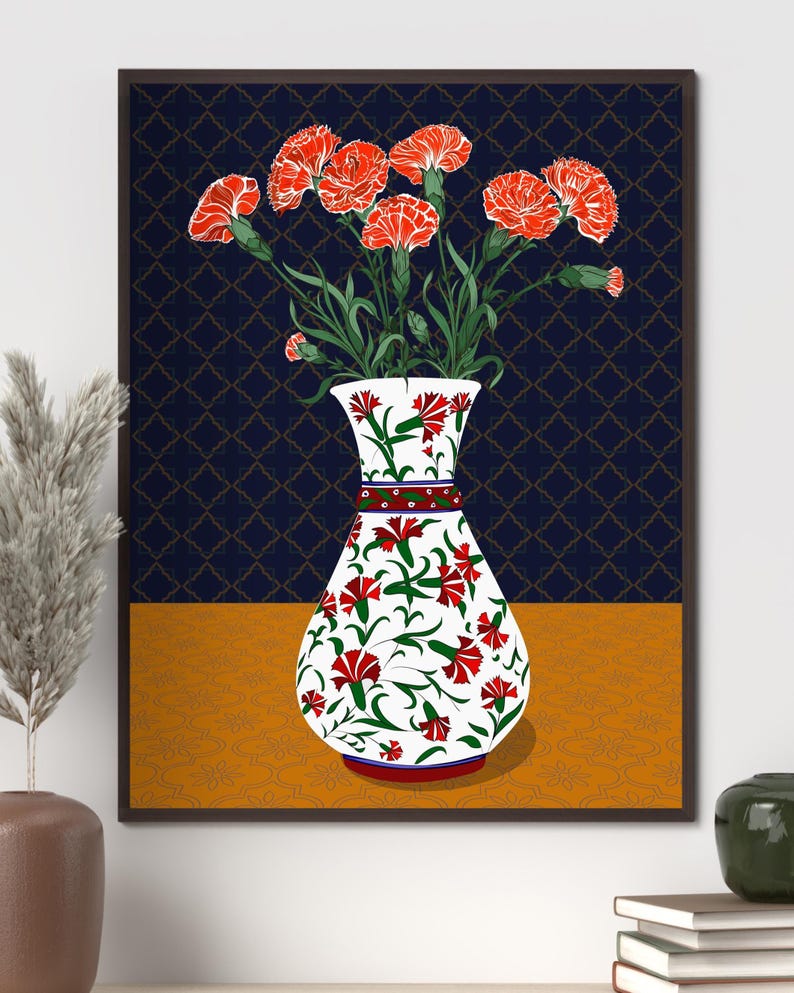 Carnation Wall Art, Hand Drawn Ottoman Vase Print, Turkish Floral Folk Art, Botanical Illustration image 11