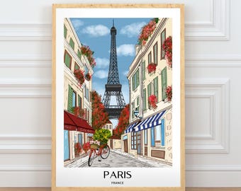 Paris Street Print, Eiffel Tower Wall Art, Hand Drawn City Poster, Home Decor (Digital Download)