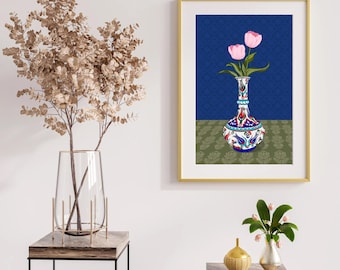 Hand Drawn Pink Floral Art, Ottoman Vase Wall Decor, Turkish Iznik Style Printable, Digital Download