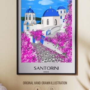 Décoration murale Santorin, imprimé de dômes bleus dessinés à la main, affiche de voyage Grèce, décoration côtière des îles grecques image 2