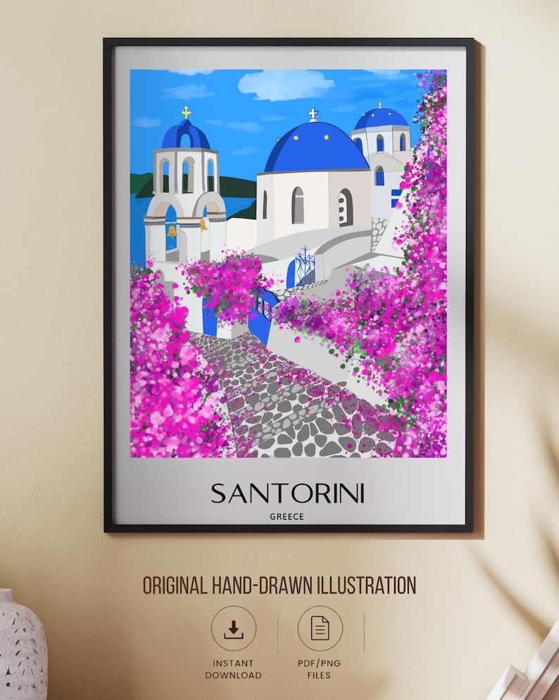 Décoration murale Santorin, imprimé de dômes bleus dessinés à la main, affiche de voyage Grèce, décoration côtière des îles grecques image 2