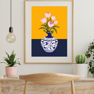 Handgetekende tulpen in een Turkse vaas, Ottomaanse bloemenkunstprint voor aan de muur. afbeelding 7