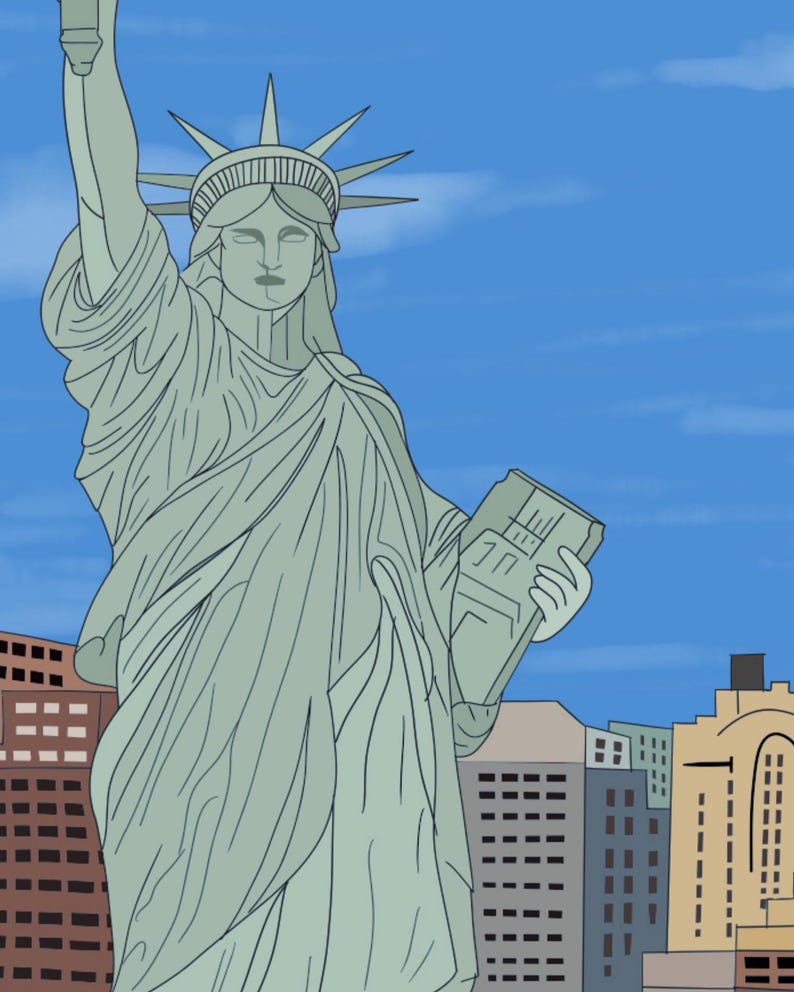 New York Wall Art, Hand Drawn NYC Skyline and Statue of Liberty Print, New York City Travel Poster imagen 3