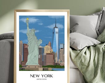 Hand Drawn NYC Skyline Art, Manhattan Wall Poster, Statue of Liberty Travel Print