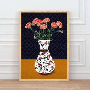Carnation Wall Art, Hand Drawn Ottoman Vase Print, Turkish Floral Folk Art, Botanical Illustration image 1