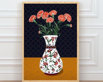 Carnation Wall Art | Botanical Flower Print | Ottoman Vase Art | Hand Drawn Printable