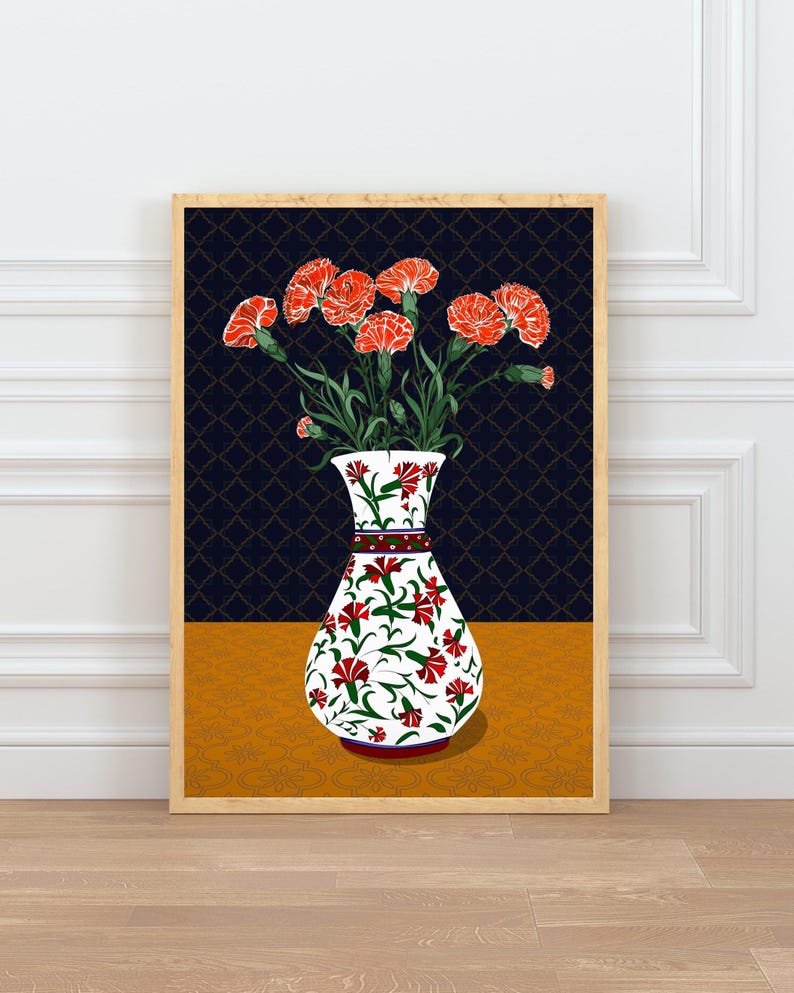 Carnation Wall Art, Hand Drawn Ottoman Vase Print, Turkish Floral Folk Art, Botanical Illustration image 1
