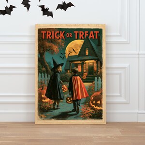Vintage Halloween Poster, Trick or Treat Printable, Retro Jack O Lantern Wall Art, Halloween Decor bild 1