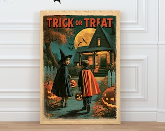 Vintage Halloween Poster, Trick or Treat Printable, Retro Jack O Lantern Wall Art, Halloween Decor