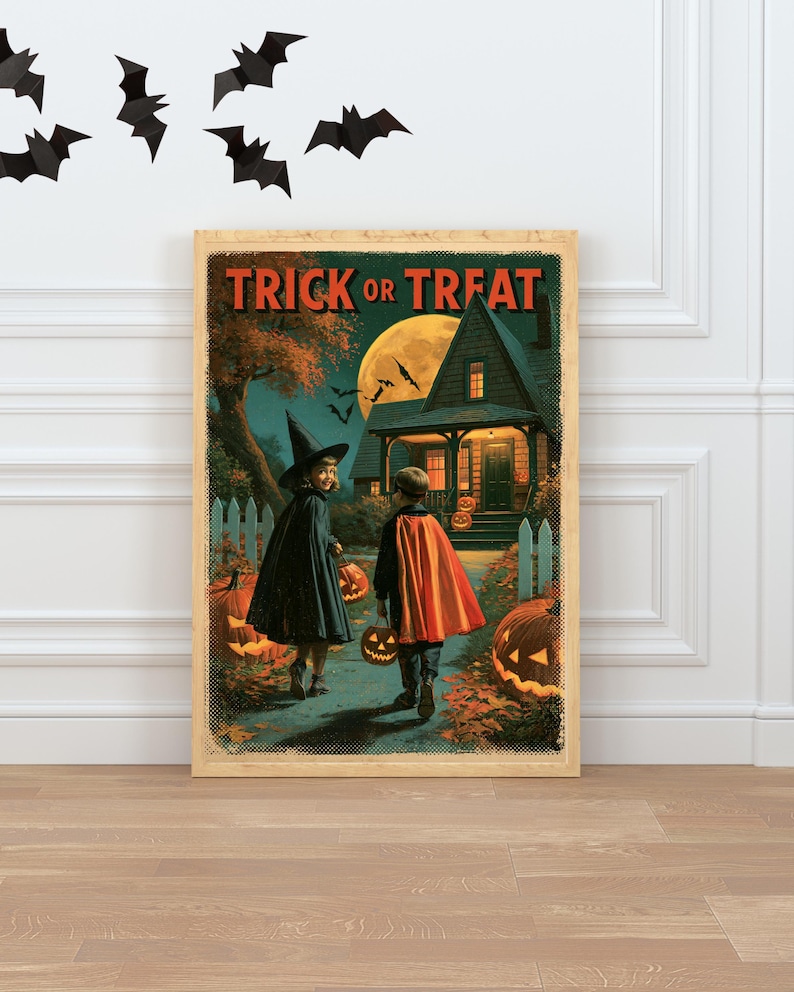 Vintage Halloween Poster, Trick or Treat Printable, Retro Jack O Lantern Wall Art, Halloween Decor bild 1
