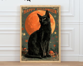 Black Cat Wall Art, Vintage Halloween Poster, Orange Moon Printable, Retro Halloween Decor