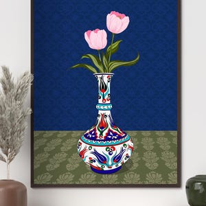 Pink Tulip Wall Art, Hand Drawn Ottoman Vase Print, Turkish Floral Illustration, Maximalist Flower Art image 11