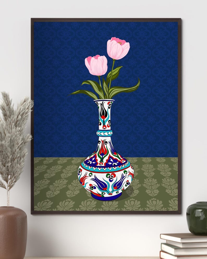 Pink Tulip Wall Art, Hand Drawn Ottoman Vase Print, Turkish Floral Illustration, Maximalist Flower Art image 11