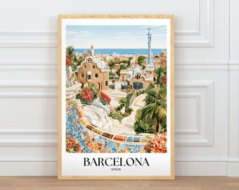 Barcelona Wall Art, Park Guell Architecture Print, Spain Travel Poster, Printable City Art